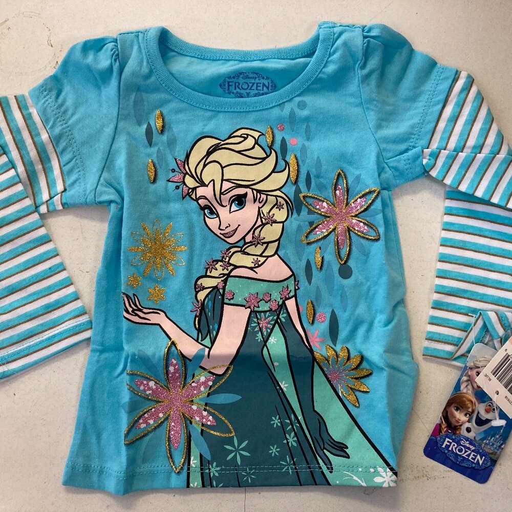 Frozen Elsa blue turquoise long sleeve tee NWT size 2 striped sleeves